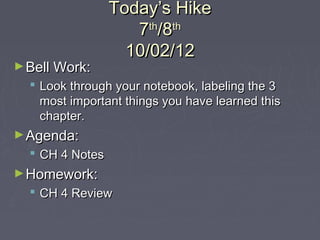 Today’s HikeToday’s Hike
77thth
/8/8thth
10/02/1210/02/12
►Bell Work:Bell Work:
 Look through your notebook, labeling the 3Look through your notebook, labeling the 3
most important things you have learned thismost important things you have learned this
chapter.chapter.
►Agenda:Agenda:
 CH 4 NotesCH 4 Notes
►Homework:Homework:
 CH 4 ReviewCH 4 Review
 