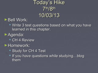 Today’s HikeToday’s Hike
77thth
/8/8thth
10/03/1310/03/13
►Bell Work:Bell Work:
 Write 3 test questions based on what you haveWrite 3 test questions based on what you have
learned in this chapter.learned in this chapter.
►Agenda:Agenda:
 CH 4 ReviewCH 4 Review
►Homework:Homework:
 Study for CH 4 TestStudy for CH 4 Test
 If you have questions while studying…blogIf you have questions while studying…blog
themthem
 
