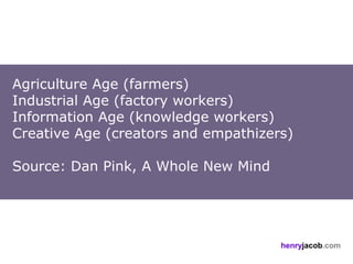 Agriculture Age (farmers)
Industrial Age (factory workers)
Information Age (knowledge workers)
Creative Age (creators and empathizers)

Source: Dan Pink, A Whole New Mind




                                     henryjacob.com
 