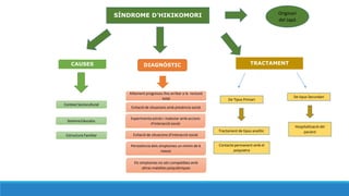 S?NDROME DHIKIKOMORI Originari
del Jap
CAUSES
Context Sociocultural
Sistema Educatiu
Estructura Familiar
DIAGN?STIC
A?llament progressiu fins arribar a la reclusi
total
Evitaci de situacions amb presncia social
Experimenta estrs i malestar amb accions
dinteracci social
Persistncia dels smptomes un mnim de 6
mesos
Els smptomes no sn compatibles amb
altras malalties psiquitriques
De Tipus Primari
De tipus Secundari
Tractament de tipus analtic
Hospitalitzaci del
pacient
Contacte permanent amb el
psiquiatra
TRACTAMENT
Evitaci de situacions dinteracci social
 