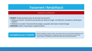 Tractament i Rehabilitaci
Tractament multifactorial:
? PACIENT: Terpia ajustada al grau de desordre que presenta
? Hikikomori primari: Tractament psicoanaltic per detectar lorigen de la?llament i assistncia a dinmiques
familiars
? Hikikomori secundari: Tractament farmacolgic i psiquitric del trastorn mental dorigen
? FAMILIARS: Assistir a dinmiques i terpies familiars
? Prdua dhabilitats, referents socials i de contacte amb el mn real; difcil reintegraci social
? Increment de lestigmatitzaci i marginaci social a causa de latribuci indiscriminada
dactes delictius al Hikikomori per part dels mitjans de comunicaci japonesos
Conseqncies per a lindividu
 