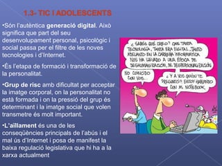 Són l’autèntica  generació digital . Això significa que part del seu desenvolupament personal, psicològic i social passa per el filtre de les noves tecnologies i d’Internet.   És l’etapa de formació i transformació de la personalitat . Grup de risc  amb dificultat per acceptar la imatge corporal, on la personalitat no està formada i on la pressió del grup és determinant i la imatge social que volen transmetre és molt important . L’aïllament  és una de les conseqüències principals de l’abús i el mal ús d’Internet i posa de manifest la baixa regulació legislativa que hi ha a la xarxa actualment   