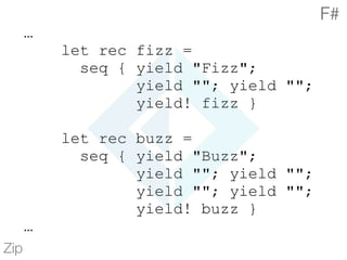 …
let rec fizz =
seq { yield "Fizz";
yield ""; yield "";
yield! fizz }
let rec buzz =
seq { yield "Buzz";
yield ""; yield "";
yield ""; yield "";
yield! buzz }
…
Zip
F#
 