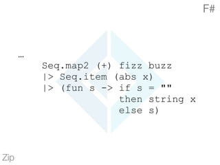 …
Seq.map2 (+) fizz buzz
|> Seq.item (abs x)
|> (fun s -> if s = ""
then string x
else s)
Zip
F#
 