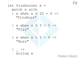 let fizzbuzzer x =
match x with
| x when x % 15 = 0 -> 
"FizzBuzz" 
| x when x % 3 = 0 ->
"Fizz" 
| x when x % 5 = 0 ->
"Buzz" 
| _ ->
string x
Pattern Match
F#
 