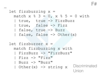 …
let fizzbuzzing x =
match x % 3 = 0, x % 5 = 0 with
| true, true -> FizzBuzz
| true, false -> Fizz
| false, true -> Buzz
| false, false -> Other(x)
let fizzbuzzer x =
match fizzbuzzing x with
| FizzBuzz -> "FizzBuzz"
| Fizz -> "Fizz"
| Buzz -> "Buzz"
| Other(x) -> string x Discriminated 
Union
F#
 