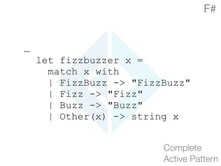 …
let fizzbuzzer x =
match x with
| FizzBuzz -> "FizzBuzz"
| Fizz -> "Fizz"
| Buzz -> "Buzz"
| Other(x) -> string x
Complete 
Active Pattern
F#
 