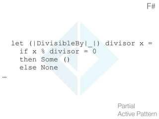 let (|DivisibleBy|_|) divisor x =
if x % divisor = 0
then Some ()
else None
…
Partial 
Active Pattern
F#
 