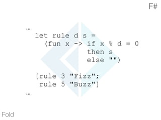 …
let rule d s =
(fun x -> if x % d = 0
then s
else "")
[rule 3 "Fizz";
rule 5 "Buzz"]
…
Fold
F#
 