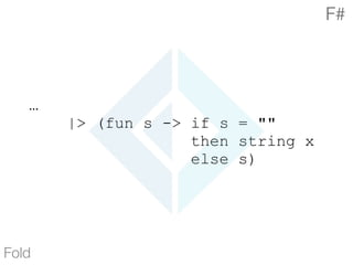 …
|> (fun s -> if s = ""
then string x
else s)
Fold
F#
 