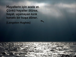 H ayallerin için acele et. Çünkü hayaller ölürse, hayat, uçamayan kırık kanatlı bir kuşa döner. [Langston Hughes] 
