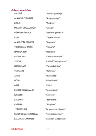 hikmet damlaları
ARI GİBİ “Havada yüzmeye”
ALAKASIZ CÜMLELER “Anı yaşamaya”
ZIRILTI “Zırıltıya”
İNSANIN GÜÇSÜZLÜĞÜ “Sineğe”
BÜYÜDEN İNANCA “Rama ve Şaman’a”
EVİM “Taşa ve duvara”
ALAMUT’TA BİR GECE “Kaynağa”
TOPCUOĞLU BAYIRI “Niksar’a”
HATIRLA BENİ “Dostuma”
FATMA ANA “Kadınlık onuruna”
TERCİH “Kaddafi’nin Şapkasına”
HARİKULADE “Parapsikolojiye”
TEK TANRI “İlahiyata”
ADALET “Olacaklara”
GÜZEL “Güzelliklere”
ASAF “Farka”
ELÇİLER YANSIMALAR “Yansımalara”
İLİŞKİLER “Çevreye”
KALEMİM “Bekleyene”
EMİRLER “Kitaplara”
17 EKİM 2011 “İyi yapmışsın diyene”
SEZON SONU, SEZON BAŞI “Temsilciliklerime”
SALLANAN SANDALYE “Sallanan sandalyeye”
tebder.tr.gg 4
 