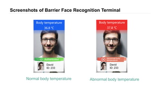 Screenshots of Barrier Face Recognition Terminal
Normal body temperature Abnormal body temperature
Body temperature
36.8 ℃
Body temperature
37.8 ℃
David
ID: 233
David
ID: 233
Authenticated Abnormal body
temperature
 