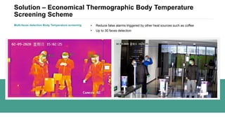 Solution – Economical Thermographic Body Temperature
Screening Scheme
Multi-faces detection Body Temperature screening • Reduce false alarms triggered by other heat sources such as coffee
• Up to 30 faces detection
 