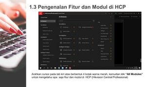 1.3 Pengenalan Fitur dan Modul di HCP
Arahkan cursor pada tab kiri atas berbentuk 4 kotak warna merah, kemudian klik “All Modules”
untuk mengetahui apa saja fitur dan modul di HCP (Hikvision Central Professional)
 