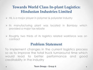 Towards World Class In-plant Logistics:
         Hindustan Industries Limited
 HIL is a major player in polymer & polyester industry

 Its manufacturing plant was located in Bombay which
  provided a major tax rebate

 Roughly two thirds of its logistics related workforce was on
  contract

                    Problem Statement
 