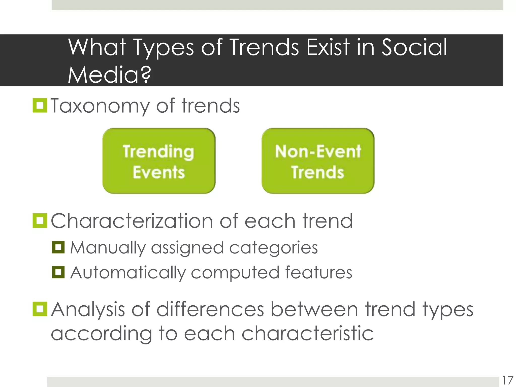 What Types of Trends Exist in Social Media?Taxonomy of trendsCharacterization of each trendManually assigned categoriesAutomatically computed featuresAnalysis of differences between trend types according to each characteristic17Trending EventsNon-Event Trends