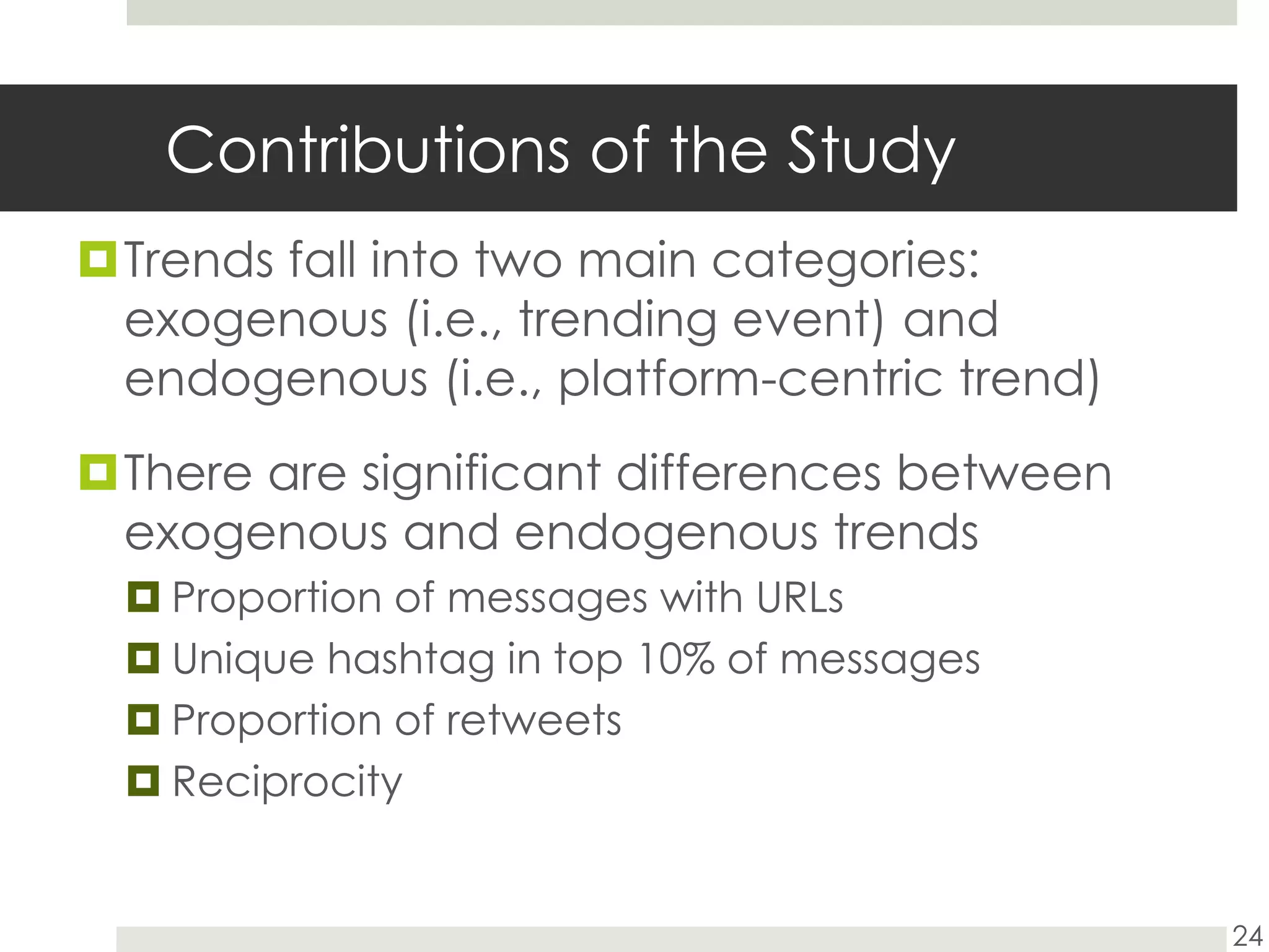 Contributions of the StudyTrends fall into two main categories: exogenous (i.e., trending event) and endogenous (i.e., platform-centric trend)There are significant differences between exogenous and endogenous trendsProportion of messages with URLsUnique hashtag in top 10% of messagesProportion of retweetsReciprocity24