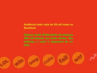 Audiência total: mais de 50 mil views no
BuzzFeed.
Alcance social: Diretamente ele alcançou
400 mil pessoas nos posts diretos. Nos
indiretos, a conta é impossível de ser
feita.
 