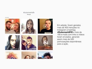 Em adição, foram gerados
mais de 400 menções no
Instagram à hashtag
#DubsmashBFB e mais de
100 e-mails com links e vídeos
foram enviados, gerando
assim mais de 500
participações espontâneas
para a ação.
 