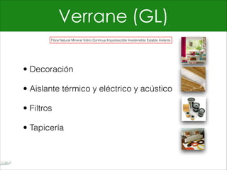 Verrane (GL)
• Decoración
• Aislante térmico y eléctrico y acústico
• Filtros
• Tapicería
Fibra Natural Mineral Vidrio Continua Imputrescible Inextensible Estable Aislante
 