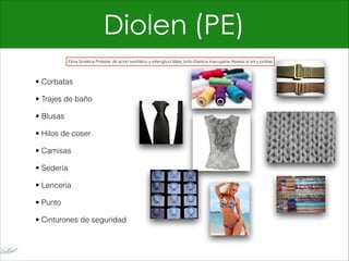 Diolen (PE)
• Corbatas
• Trajes de baño
• Blusas
• Hilos de coser
• Camisas
• Sedería
• Lencería
• Punto
• Cinturones de seguridad
Fibra Sintética Poliéster de ácido tereftálico y etilenglicol Mate_brillo Elástica Inarrugable Resiste el sol y polillas
 