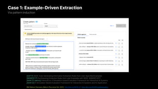 Case 1: Example-Driven Extraction
Via pattern induction
[CHI’17] SEER: Auto-Generating Information Extraction Rules from User-Specified Examples
[SIGMOD’17] Synthesizing Extraction Rules from User Examples with SEER. SIGMOD’2017
[AAAI’22 (demo)] InteractEva: A Simulation-based Evaluation Framework for Interactive AI Systems
[AAAI’22] A Simulation-Based Evaluation Framework for Interactive AI Systems and Its Application.
IBM Watson Discovery (Beta in Plus since Oct. 2021) http://ibm.biz/SEER_IE, https://ibm.biz/WDSPressReleaseNov
 