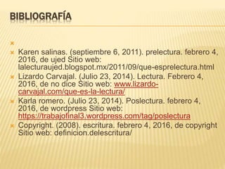 BIBLIOGRAFÍA

 Karen salinas. (septiembre 6, 2011). prelectura. febrero 4,
2016, de ujed Sitio web:
lalecturaujed.blogspot.mx/2011/09/que-esprelectura.html
 Lizardo Carvajal. (Julio 23, 2014). Lectura. Febrero 4,
2016, de no dice Sitio web: www.lizardo-
carvajal.com/que-es-la-lectura/
 Karla romero. (Julio 23, 2014). Poslectura. febrero 4,
2016, de wordpress Sitio web:
https://trabajofinal3.wordpress.com/tag/poslectura
 Copyright. (2008). escritura. febrero 4, 2016, de copyright
Sitio web: definicion.delescritura/
 