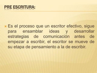 PRE ESCRITURA:
 Es el proceso que un escritor efectivo, sigue
para ensamblar ideas y desarrollar
estrategias de comunicación antes de
empezar a escribir, el escritor se mueve de
su etapa de pensamiento a la de escribir.
 
