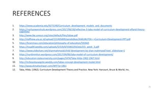 REFERENCES
1. https://www.academia.edu/9273140/Curriculum_development_models_and_documents
2. https://norhazwanishuib.wordpress.com/2017/06/18/reflective-3-taba-model-of-curriculum-development-efland-theory-
cognitive/
3. http://www.ibe.unesco.org/sites/default/files/tabae.pdf
4. http://staffnew.uny.ac.id/upload/131405899/pendidikan/KAKUBUTEK+-+Curriculum+Development+PPT.pdf
5. https://brainmass.com/education/philosophy-of-education/592665
6. https://tisya09.weebly.com/uploads/5/5/0/0/55002293/edu555_week_3.pdf
7. https://www.slideshare.net/shanmahmood/child-development-by-shan-mahmood?next_slideshow=1
8. https://nurdinimhzn.wordpress.com/2017/04/06/taba-model-of-curriculum-development/
9. http://education.stateuniversity.com/pages/2474/Taba-Hilda-1902-1967.html
10. http://mrbeasleysaigsite.weebly.com/tabas-concept-development-model.html
11. http://www.vkmaheshwari.com/WP/?p=1861
12. Taba, Hilda. (1962). Curriculum Development Theory and Practice. New York: Harcourt, Bruce & World, Inc.
25
 
