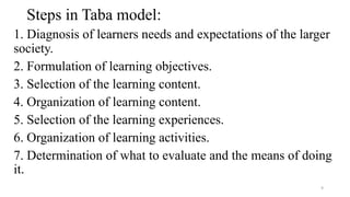 Steps in Taba model:
1. Diagnosis of learners needs and expectations of the larger
society.
2. Formulation of learning objectives.
3. Selection of the learning content.
4. Organization of learning content.
5. Selection of the learning experiences.
6. Organization of learning activities.
7. Determination of what to evaluate and the means of doing
it.
9
 