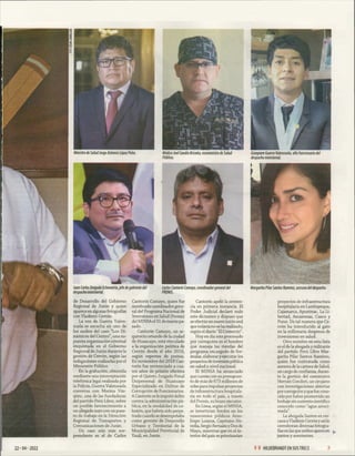 Juan Carlos Delgado Echevarría,¡efe de gabinete del
despacho ministerial.
Carlos Cantorín Camayo, coordinadorgeneral del
PRONIS.
de Desarrollo del Gobierno
Regional de Junín y quien
aparece en algunas fotografías
con Vladimir Cerrón.
La voz de Guerra Valen-
zuela se escucha en uno de
los audios del caso “Los Di­
námicos del Centro”, una su­
puesta organización criminal
enquistada en el Gobierno
Regional de Junín durante la
gestión de Cerrón, según las
indagaciones realizadas por el
Ministerio Público.
En la grabación, obtenida
mediante una interceptación
telefónica legal realizada por
la Policía, Guerra Valenzuela
conversa con Marina Vás-
quez, una de las fundadoras
del partido Perú Libre, sobre
un posible favorecimiento a
un allegado suyo con un pues­
to de trabajo en la Dirección
Regional de Transportes y
Comunicaciones de Junín.
Un caso aún más sor­
prendente es el de Carlos
Cantorín Camayo, quien fue
nombrado coordinador gene­
ral del Programa Nacional de
Inversiones en Salud (Pronis)
del MINSA el 31 de marzo pa­
sado.
Cantorín Camayo, un ar­
quitecto oriundo de la ciudad
de Huancayo, está vinculado
a la organización política de
Cerrón desde el año 2016,
según reportes de prensa.
En noviembre del 2018 Can­
torín fue sentenciado a cua­
tro años de prisión efectiva
por el Quinto Juzgado Penal
Unipersonal de Huancayo
Especializado en Delitos de
Corrupción de Funcionarios.
A Cantorín se le imputó delito
contra la administración pú­
blica, en la modalidad de co­
lusión, que habría sido perpe­
trado cuando se desempeñaba
como gerente de Desarrollo
Urbano y Territorial de la
Municipalidad Provincial de
Yauli, en Junín.
Cantorín apeló la senten­
cia en primera instancia. El
Poder Judicial declaró nulo
este dictamen y dispuso que
se efectúe un nuevo juicio oral
que todavía no se ha realizado,
según el diario “El Comercio”.
Hoy en día este procesado
por corrupción es el hombre
que maneja las riendas del
programa encargado de for­
mular, elaborar y ejecutar los
proyectos de inversión pública
en salud a nivel nacional.
El MINSA ha anunciado
que cuenta con un presupues­
to de más de 673 millones de
soles para impulsar proyectos
de infraestructura hospitala­
ria en todo el país, a través
del Pronis, su brazo ejecutor.
En Lima, según el MINSA,
se invertirían fondos en los
nosocomios públicos Arzo­
bispo Loayza, Cayetano He-
redia, Sergio Bemales y Dos de
Mayo, mientras que en el in­
terior del país se priorizarían
22 04 2022
Margarita Pilar Santos Ram írez, asesora deldespacho.
proyectos de infraestructura
hospitalaria en Lambayeque,
Cajamarca, Apurímac, La Li­
bertad, Amazonas, Cusco y
Puno. De tal manera que Ce­
rrón ha introducido al gato
en la millonaria despensa de
inversiones en salud.
Otro nombre en esta lista
es el de la abogada y militante
del partido Perú Libre Mar­
garita Pilar Santos Ramírez,
quien fue contratada como
asesora de la cartera de Salud,
un cargo de confianza, duran­
te la gestión del exministro
Hernán Condori, un cirujano
con investigaciones abiertas
por corrupción y que fue cono­
cido por haber promovido un
brebaje sin sustento científico
conocido como “agua arraci­
mada”.
La abogada Santos es cer­
cana a Vladimir Cerrón yasí lo
corroboran diversas fotogra­
fías en las queambos aparecen ^
juntos y sonrientes.
HILDEBRANDT EN SUSTRECE 3
Médico Joel Candía Briceño, viceministro de Salud
Pública.
Gianpiere Guerra Valenzuela, alto funcionario del
despacho m inisterial.
Ministro de SaludJorge Antonio López Peña.
 