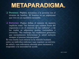  Persona: Peplau denomina a la persona con el
término de hombre. El hombre es un organismo
que vive en un equilibrio inestable.
 Entorno: Peplau define el entorno de manera
implícita como “las fuerzas que existen fuera del
organismo y en el contexto de las culturas”, y de
las cuales se adquieren gustos, costumbres y
creencias. “Sin embargo, las condiciones generales
que normalmente determinan la salud incluyen
siempre el proceso interpersonal”.
Es una teoría cuya esencia es la relación humana
entre un individuo enfermo o que requiere un servicio
de salud y una enfermera educada para reconocer y
responder a la necesidad de ayuda
26/ 01 /2020
 
