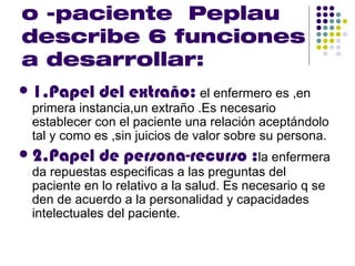 o -paciente Peplau
describe 6 funciones
a desarrollar:
   1.Papel del extraño: el enfermero es ,en
    primera instancia,un extraño .Es necesario
    establecer con el paciente una relación aceptándolo
    tal y como es ,sin juicios de valor sobre su persona.
   2.Papel de persona-recurso :la enfermera
    da repuestas especificas a las preguntas del
    paciente en lo relativo a la salud. Es necesario q se
    den de acuerdo a la personalidad y capacidades
    intelectuales del paciente.
 