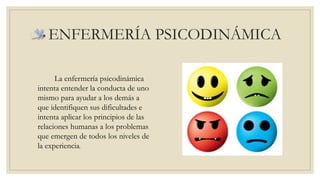 ENFERMERÍA PSICODINÁMICA 
La enfermería psicodinámica 
intenta entender la conducta de uno 
mismo para ayudar a los demás a 
que identifiquen sus dificultades e 
intenta aplicar los principios de las 
relaciones humanas a los problemas 
que emergen de todos los niveles de 
la experiencia. 
 