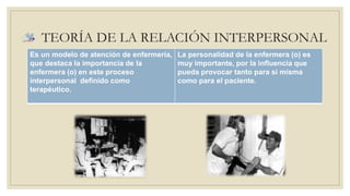 TEORÍA DE LA RELACIÓN INTERPERSONAL 
Es un modelo de atención de enfermería, 
que destaca la importancia de la 
enfermera (o) en este proceso 
interpersonal definido como 
terapéutico. 
La personalidad de la enfermera (o) es 
muy importante, por la influencia que 
pueda provocar tanto para si misma 
como para el paciente. 
 