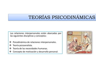 TEORÍAS PSICODINÁMICAS
Las relaciones interpersonales están abarcadas por
las siguientes disciplinas y conceptos:
 Psicodinámica de relaciones interpersonales.
 Teoría psicoanalista.
 Teoría de las necesidades humanas.
 Concepto de motivación y desarrollo personal.
 