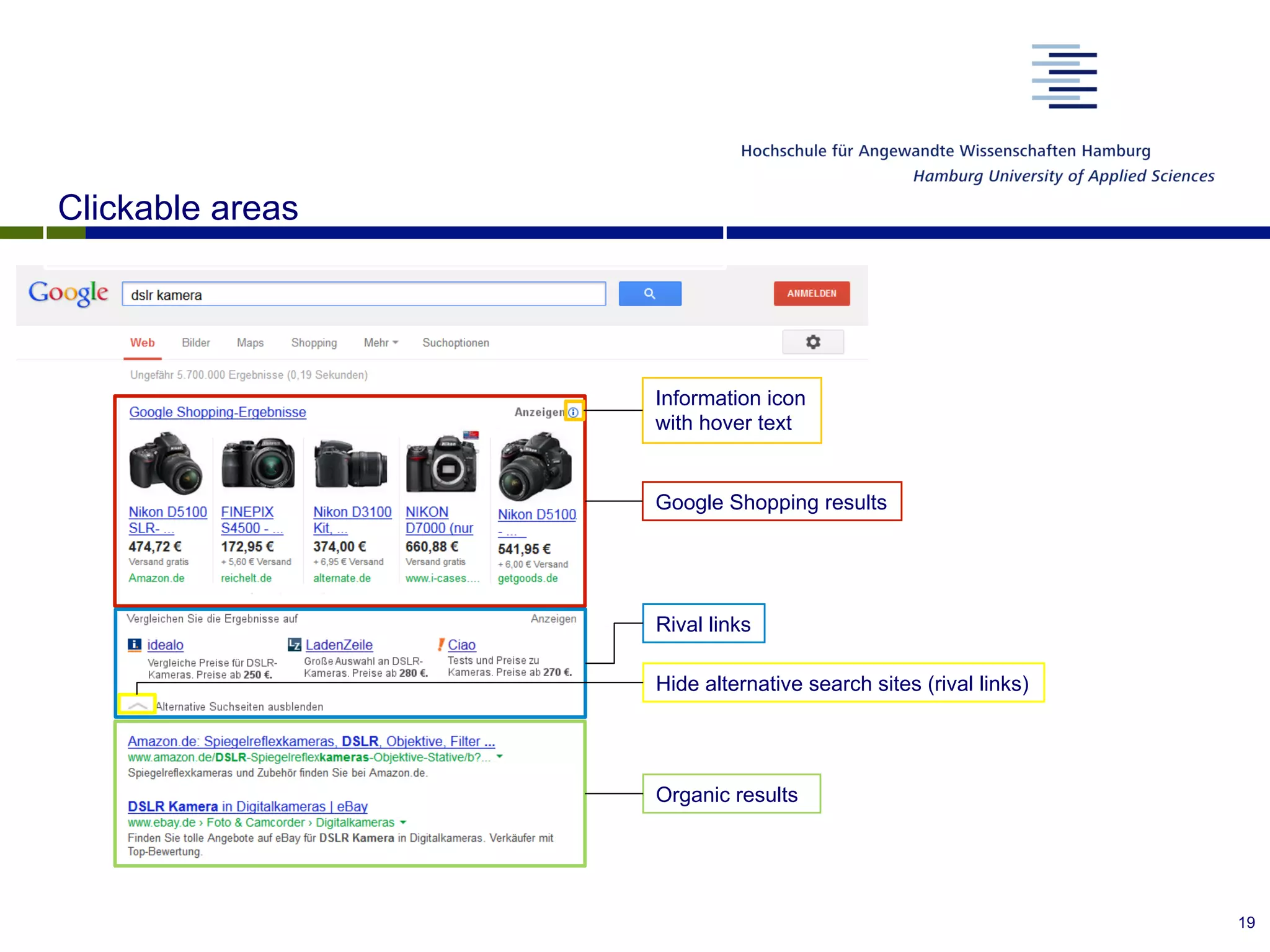 Google Shopping results
Information icon
with hover text
Organic results
Clickable areas
Rival links
19
Hide alternative search sites (rival links)
 
