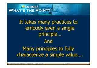 What’s the Point?

              It takes many practices to
                  embody even a single
                       principle…
                          And
                Many principles to fully
             characterize a simple value….
®2010 Entinex, Inc. ALL RIGHTS RESERVED ***PROPRIETARY***   4/12/2011   15
 