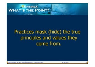 What’s the Point?




          Practices mask (hide) the true
             principles and values they
                     come from.


®2010 Entinex, Inc. ALL RIGHTS RESERVED ***PROPRIETARY***   4/12/2011   18
 