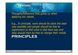 Thoughts/behaviors that guide us when
         applying our values.

         E.g., In principle, work should be done the best
         way possible and people should be free to
         experiment to find what is that best way and
         they should then be free to change their minds.
         PRINCIPLES


®2010 Entinex, Inc. ALL RIGHTS RESERVED ***PROPRIETARY***   4/12/2011   28
 