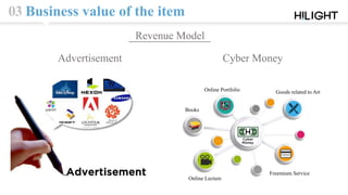 03 Business value of the item
Revenue Model
Online Lecture
Books
Online Portfolio Goods related to Art
Freemium Service
Advertisement Cyber Money
 