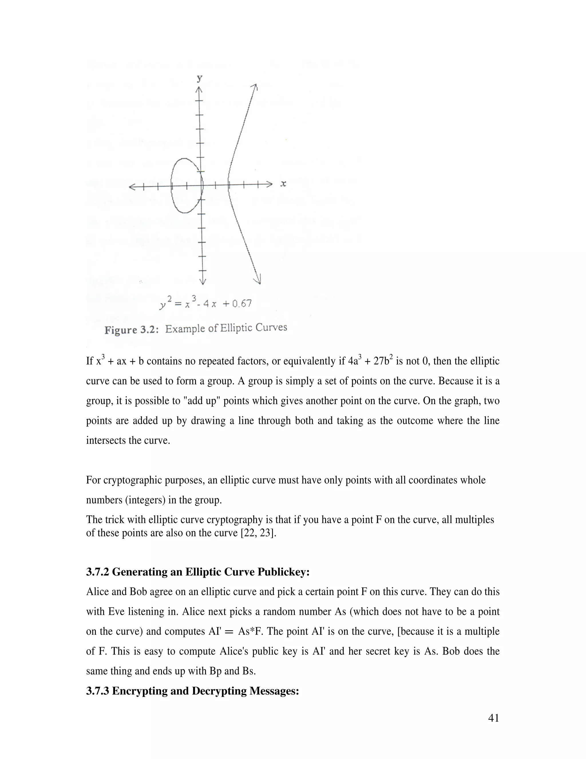 41 If x3 + ax + b contains no repeated factors, or equivalently if 4a3 + 27b2 is not 0, then the elliptic curve can be used to form a group. A group is simply a set of points on the curve. Because it is a group, it is possible to "add up" points which gives another point on the curve. On the graph, two points are added up by drawing a line through both and taking as the outcome where the line intersects the curve. For cryptographic purposes, an elliptic curve must have only points with all coordinates whole numbers (integers) in the group. The trick with elliptic curve cryptography is that if you have a point F on the curve, all multiples of these points are also on the curve [22, 23]. 3.7.2 Generating an Elliptic Curve Publickey: Alice and Bob agree on an elliptic curve and pick a certain point F on this curve. They can do this with Eve listening in. Alice next picks a random number As (which does not have to be a point on the curve) and computes AI' = As*F. The point AI' is on the curve, [because it is a multiple of F. This is easy to compute Alice's public key is AI' and her secret key is As. Bob does the same thing and ends up with Bp and Bs. 3.7.3 Encrypting and Decrypting Messages: 