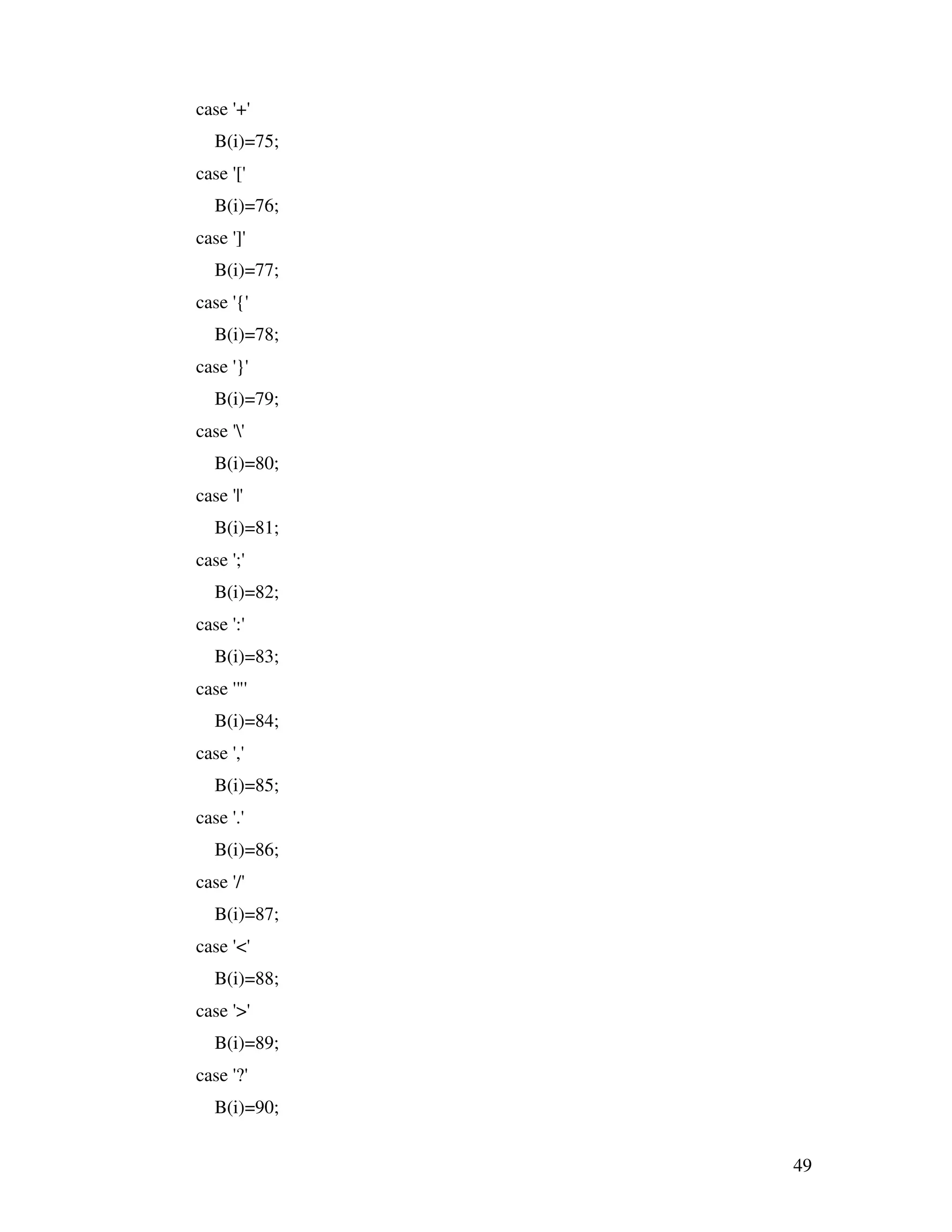 49 case '+' B(i)=75; case '[' B(i)=76; case ']' B(i)=77; case '{' B(i)=78; case '}' B(i)=79; case '' B(i)=80; case '|' B(i)=81; case ';' B(i)=82; case ':' B(i)=83; case '"' B(i)=84; case ',' B(i)=85; case '.' B(i)=86; case '/' B(i)=87; case '<' B(i)=88; case '>' B(i)=89; case '?' B(i)=90; 
