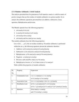 19
2.7.1 Modular Arithmetic: A brief Analysis
The analysis presented here for generation of self repetitive matrix is valid for matrix of
positive integers that are the residues of modulo arithmetic on a prime number. So in
analysis the arithmetic operations presented here are addition, subtraction, Unary
operation, Multiplication and division.
The Modulo operator have the following properties:
1. a=b mod p if n| (a-b)
2. (a mod p)=(b mod p)=>a=b mod p
3. a=b mod p=>b=a mod p
4. a=b mod p and b=a mod p=>a=c mod p
The modulo arithmetic have the following properties:
Let z= [0,1,…..,p-1], the set residues modulo p. If modular arithmetic is performed
within the set zn, the following equations present the arithmetic identities:
1. Addition: (a+b) mod p=[(a mod p)+(b mod p)]mod p
2. Subtraction: (a-b) mod p=[(a mod p)-(b mod p)]mod p
3. Multiplication: (a*b) mod p=[(a mod p)*(b mod p)]mod p
4. Negation: -a mod p=p-(a mod p)
5. Division: (a/b) mod P=c when a=(c*b) mod p
6. Multiplicative inverse: (a-1
)=c if there exists (c*z) mod p=1
Table exhibits the properties of modulo arithmetic:
SL.
No.
Property Expression
1. Commutative Law ( w + x ) mod p=( x + w ) mod p
(w*x) mod p= (x*w) mod p
2. Associative Law [( w + x )+y] mod p = [w+ (x + y)] mod p
3. Distributive Law [w*(x + y)] mod p=[w*x +w*y] mod p
[w*(x * y)] mod p=[{w*x mod p}*{(w*y)mod p}] mod p
4. Identities (0+a) mod p = a mod p
and (1*a) mod p= a mod p
 