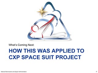 What’s Coming Next:

             HOW THIS WAS APPLIED TO
             CXP SPACE SUIT PROJECT

National Aeronautics and Space Administration   20
 