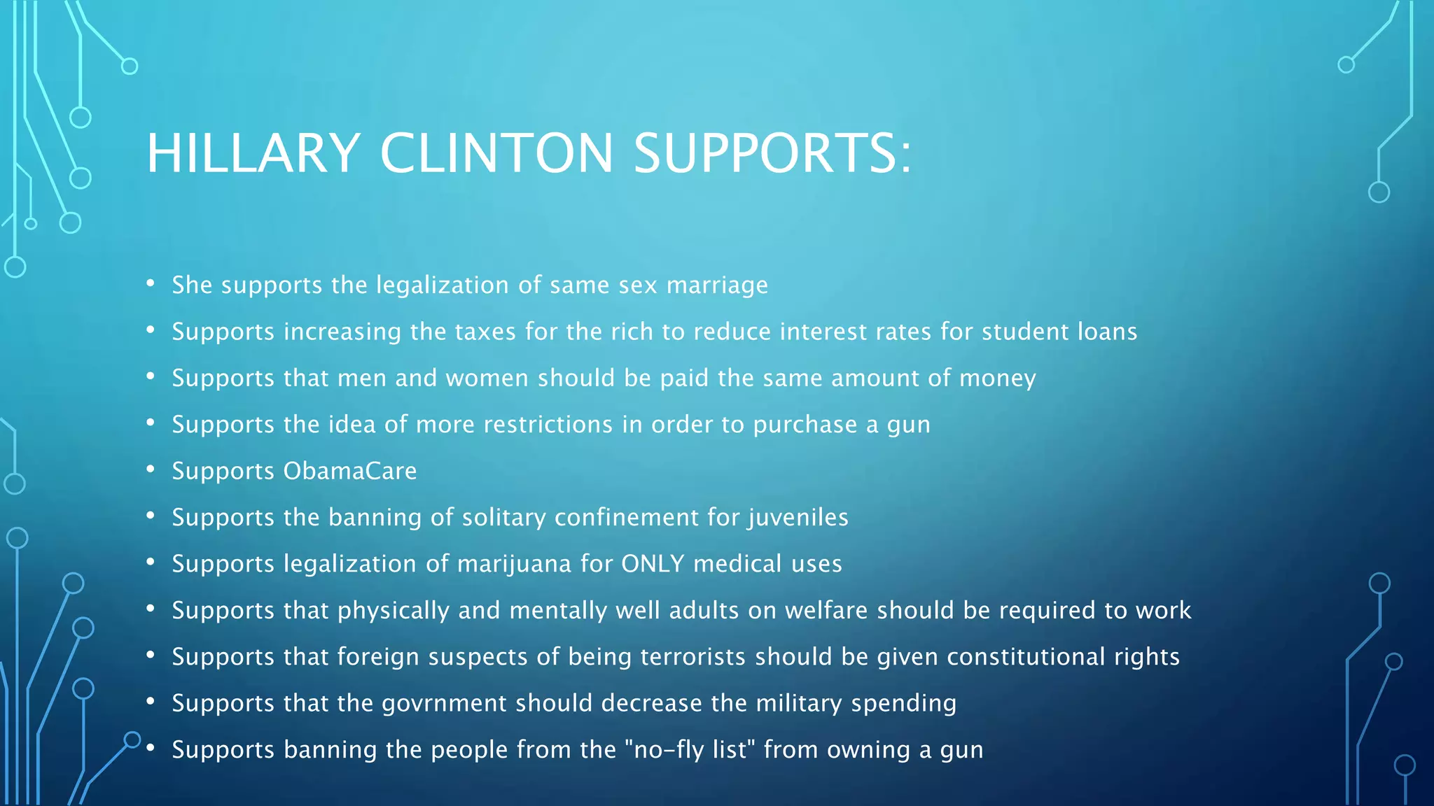 HILLARY CLINTON SUPPORTS:
• She supports the legalization of same sex marriage
• Supports increasing the taxes for the rich to reduce interest rates for student loans
• Supports that men and women should be paid the same amount of money
• Supports the idea of more restrictions in order to purchase a gun
• Supports ObamaCare
• Supports the banning of solitary confinement for juveniles
• Supports legalization of marijuana for ONLY medical uses
• Supports that physically and mentally well adults on welfare should be required to work
• Supports that foreign suspects of being terrorists should be given constitutional rights
• Supports that the govrnment should decrease the military spending
• Supports banning the people from the "no-fly list" from owning a gun
 