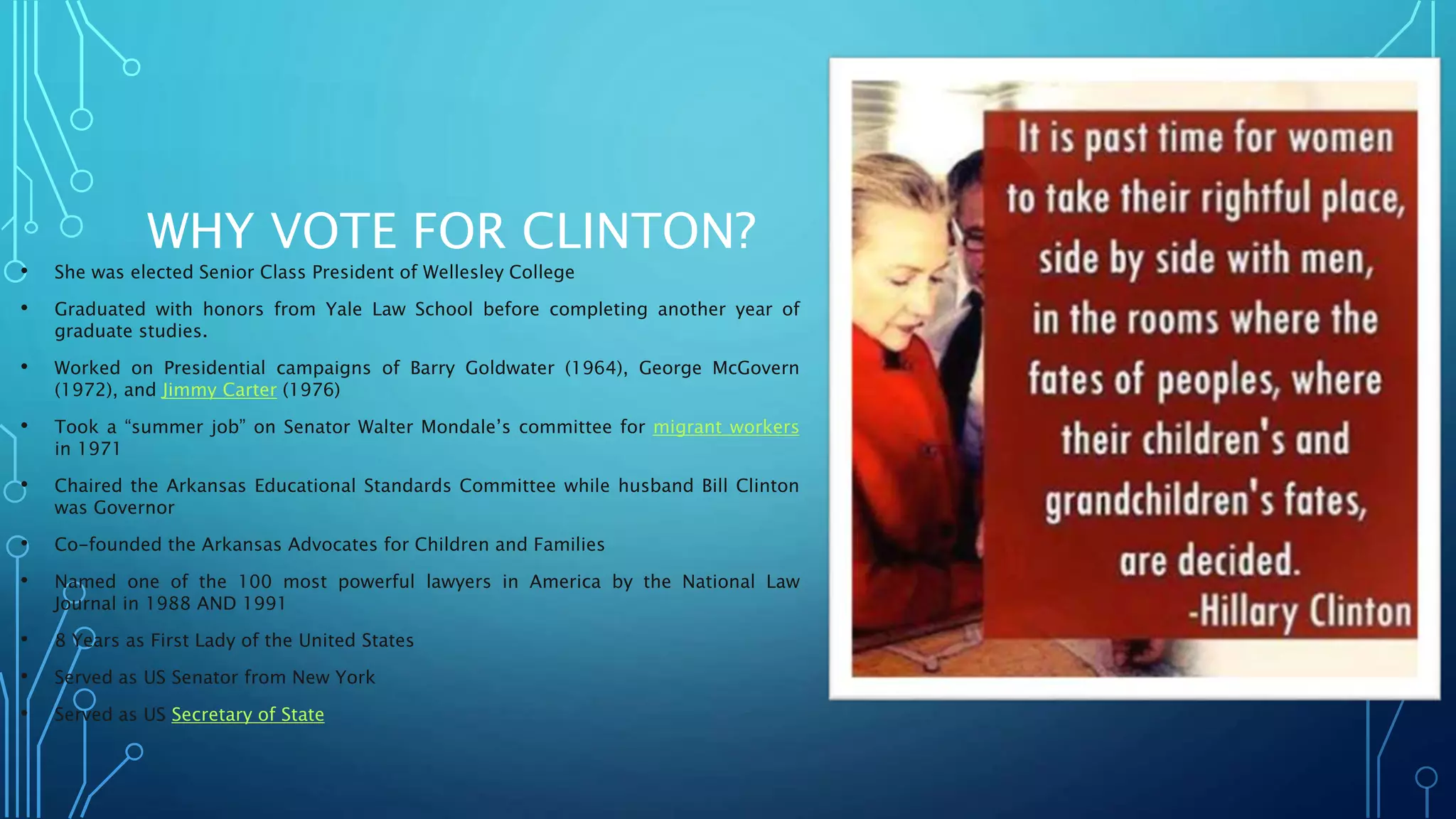WHY VOTE FOR CLINTON?
• She was elected Senior Class President of Wellesley College
• Graduated with honors from Yale Law School before completing another year of
graduate studies.
• Worked on Presidential campaigns of Barry Goldwater (1964), George McGovern
(1972), and Jimmy Carter (1976)
• Took a “summer job” on Senator Walter Mondale’s committee for migrant workers
in 1971
• Chaired the Arkansas Educational Standards Committee while husband Bill Clinton
was Governor
• Co-founded the Arkansas Advocates for Children and Families
• Named one of the 100 most powerful lawyers in America by the National Law
Journal in 1988 AND 1991
• 8 Years as First Lady of the United States
• Served as US Senator from New York
• Served as US Secretary of State
 