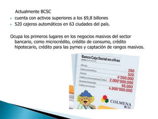 Actualmente BCSC
 cuenta con activos superiores a los $9,8 billones
 520 cajeros automáticos en 63 ciudades del país.
Ocupa los primeros lugares en los negocios masivos del sector
bancario, como microcrédito, crédito de consumo, crédito
hipotecario, crédito para las pymes y captación de rangos masivos.
 