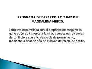 PROGRAMA DE DESARROLLO Y PAZ DEL
MAGDALENA MEDIO.
Iniciativa desarrollada con el propósito de asegurar la
generación de ingresos a familias campesinas en zonas
de conflicto y con alto riesgo de desplazamiento,
mediante la financiación de cultivos de palma de aceite.
 